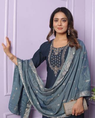 Blue rusian silk designer premium ready to wear kurta set 4