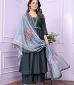Grey  viscose slub designer premium ready to wear kurta set