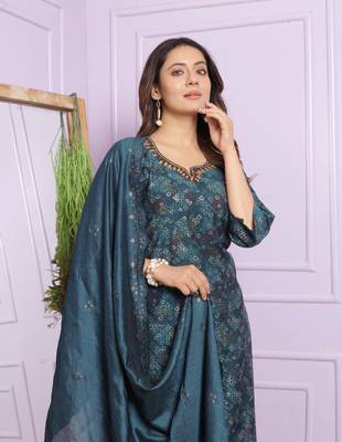 Blue modal silk designer premium ready to wear kurta set 3