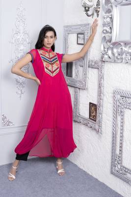 Nikhaar pink embroidered georgette asymmetrical kurta & 1