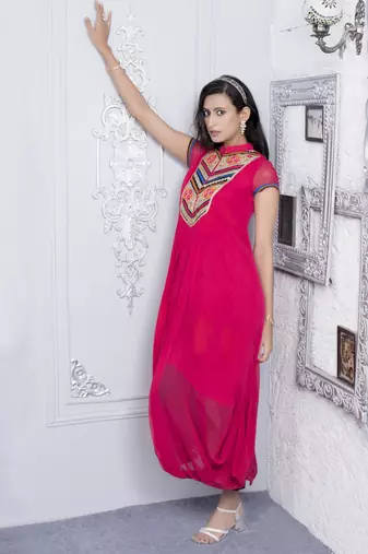 Nikhaar pink embroidered georgette asymmetrical kurta &