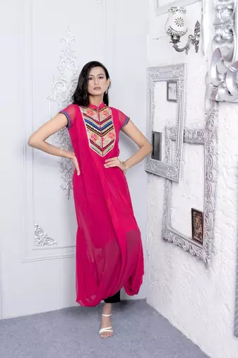 Nikhaar pink embroidered georgette asymmetrical kurta &