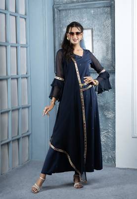Nikhaar navy-blue embroidered georgette asymmetrical kurta & 1