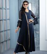 Nikhaar navy-blue embroidered georgette asymmetrical kurta &