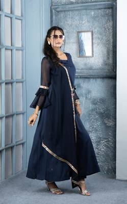 Nikhaar navy-blue embroidered georgette asymmetrical kurta & 4