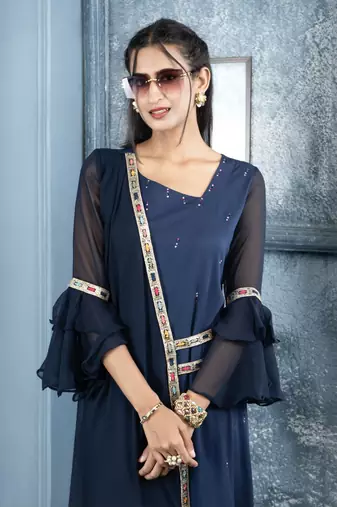 Nikhaar navy-blue embroidered georgette asymmetrical kurta &