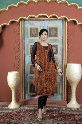 Nikhaar orange embroidered georgette asymmetrical kurta & 1