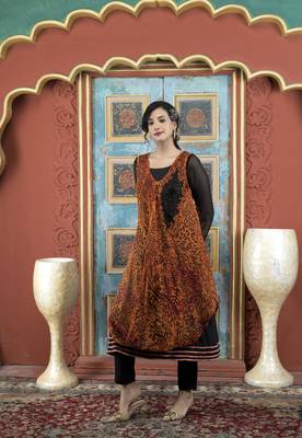 Nikhaar orange embroidered georgette asymmetrical kurta & 3