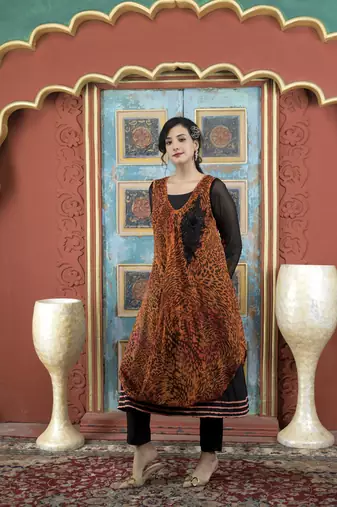 Nikhaar orange embroidered georgette asymmetrical kurta &