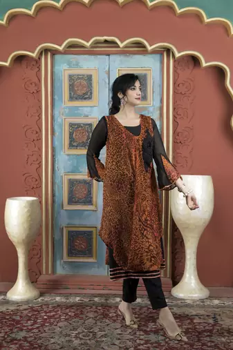 Nikhaar orange embroidered georgette asymmetrical kurta &