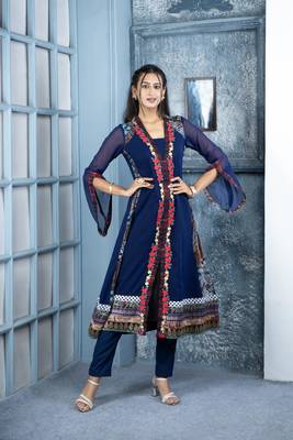 Nikhaar blue embroidered georgette anarkali kurta & 1