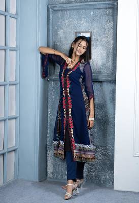 Nikhaar blue embroidered georgette anarkali kurta & 3