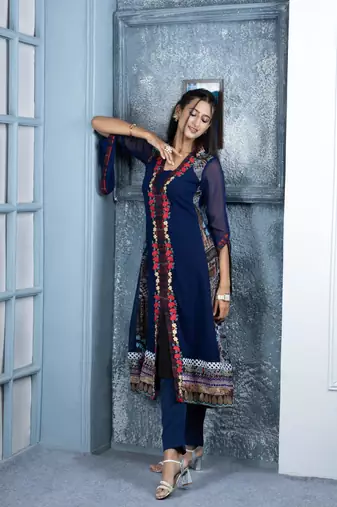 Nikhaar blue embroidered georgette anarkali kurta &