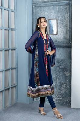 Nikhaar blue embroidered georgette anarkali kurta & 4