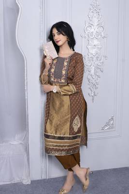 Nikhaar brown embroidered silk straight cut kurta & 3