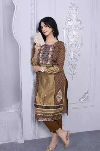 Nikhaar brown embroidered silk straight cut kurta &