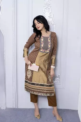 Nikhaar brown embroidered silk straight cut kurta &