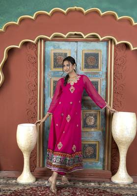 Nikhaar pink embroidered georgette anarkali kurta & 3