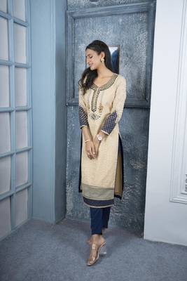 Nikhaar beige embroidered silk straight cut kurta & 4