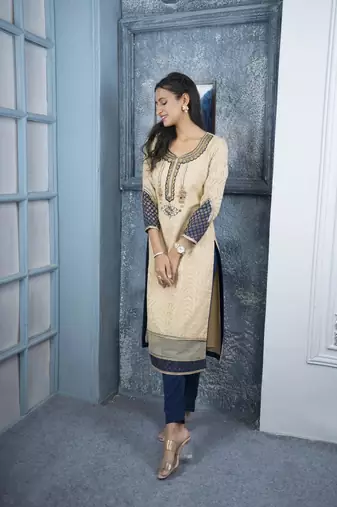 Nikhaar beige embroidered silk straight cut kurta &