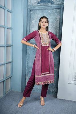 Nikhaar maroon embroidered silk straight cut kurta & 1
