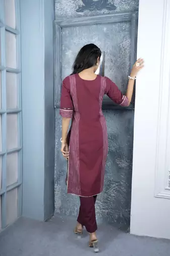 Nikhaar maroon embroidered silk straight cut kurta &