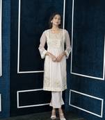 Nikhaar beige embroidered net straight cut kurta &