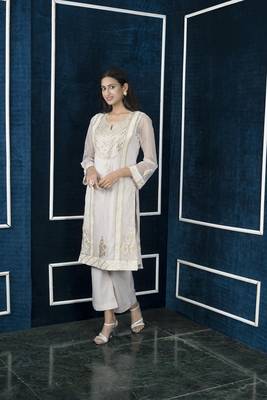 Nikhaar beige embroidered net straight cut kurta & 3
