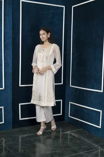 Nikhaar beige embroidered net straight cut kurta &