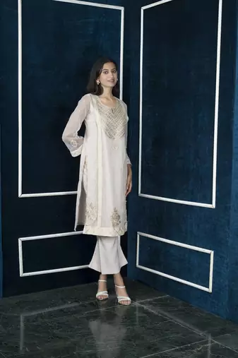 Nikhaar beige embroidered net straight cut kurta &