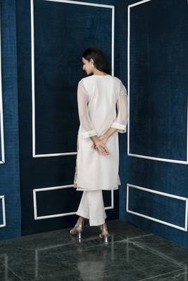 Nikhaar beige embroidered net straight cut kurta & 5