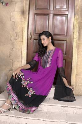 Nikhaar magenta embroidered georgette anarkali kurta & 1