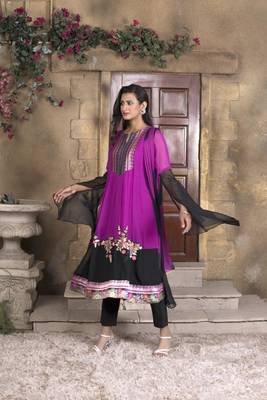 Nikhaar magenta embroidered georgette anarkali kurta & 4