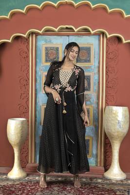 Nikhaar black embroidered georgette asymmetrical kurta & 1