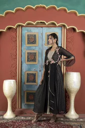 Nikhaar black embroidered georgette asymmetrical kurta &