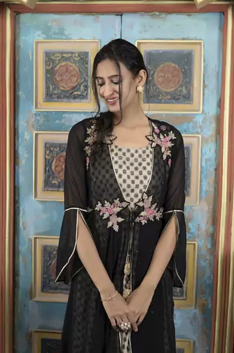 Nikhaar black embroidered georgette asymmetrical kurta &