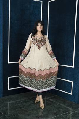 Nikhaar beige embroidered silk anarkali kurta & 1