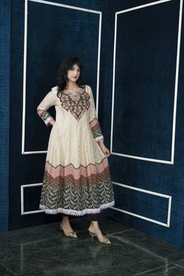 Nikhaar beige embroidered silk anarkali kurta & 4