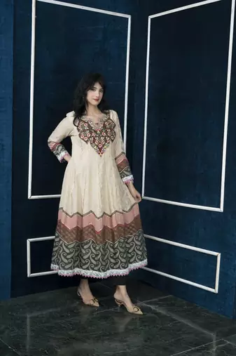 Nikhaar beige embroidered silk anarkali kurta &