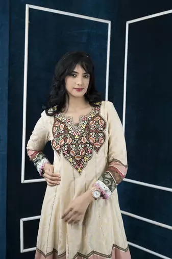 Nikhaar beige embroidered silk anarkali kurta &