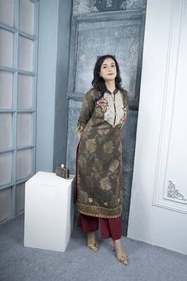 Nikhaar brown embroidered silk straight cut kurta & 4