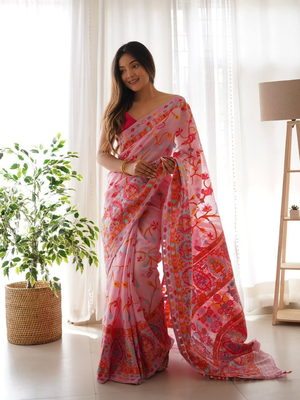 Pink Designer Weaving Jacquard Faux Banarasi Soft Silk Traditional Saree 1