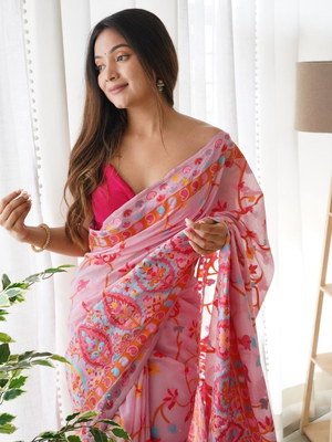 Pink Designer Weaving Jacquard Faux Banarasi Soft Silk Traditional Saree 2