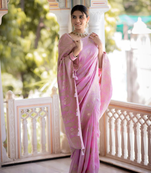 Baby Pink Designer Weaving Jacquard Faux Banarasi Soft Silk Traditional Saree