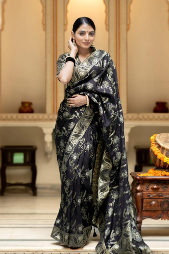 Black Designer Weaving Jacquard Faux Banarasi Soft Silk Traditional Saree