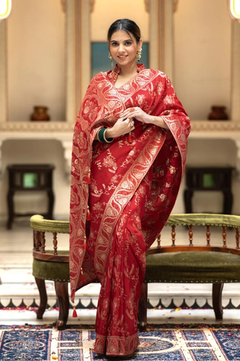 Red Designer Weaving Jacquard Faux Banarasi Soft Silk Traditional Saree