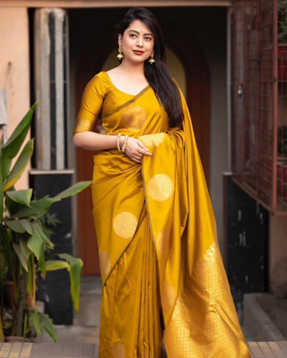 Yellow Designer Weaving Jacquard Faux Banarasi Soft Silk Traditional Saree 1