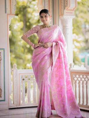 Baby Pink Designer Weaving Jacquard Faux Banarasi Soft Silk Traditional Saree 1