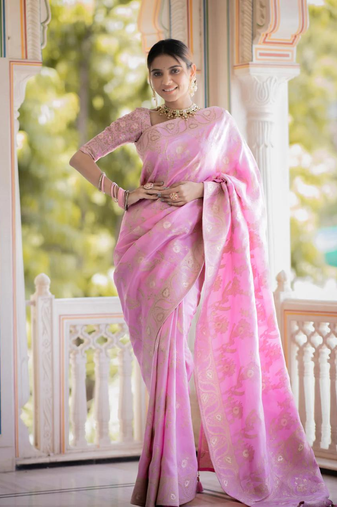 Baby Pink Designer Weaving Jacquard Faux Banarasi Soft Silk Traditional Saree
