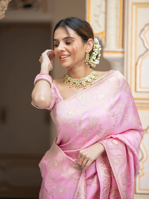 Baby Pink Designer Weaving Jacquard Faux Banarasi Soft Silk Traditional Saree 2
